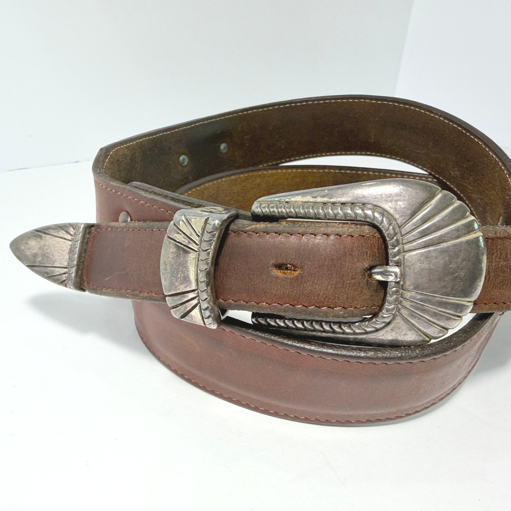 Vintage Nocona Western Oil Tanned Harness Leather Belt Brown Silver Buckle USA - Picture 2 of 12